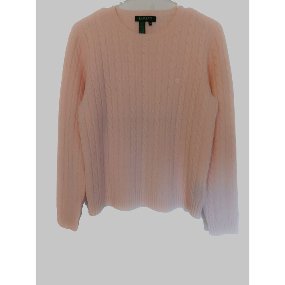 Lauren Ralph Lauren Merino Wool and Angora Pink Cable Classic Sweater w/ Logo M